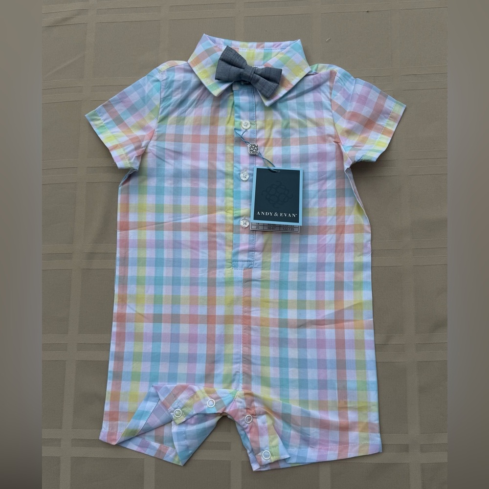 Andy & Evan Pastel Gingham Romper with Gray Bow Tie